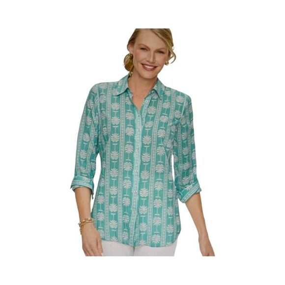 TALBOTS PALM PRINT SHIRT. AQUA. - Picture 1 of 8